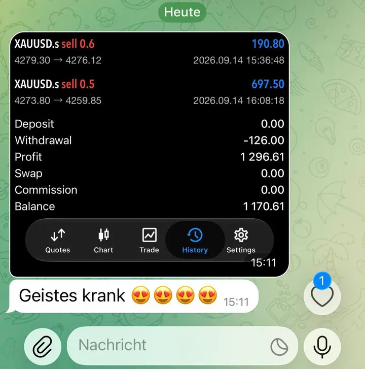 Kontoauszug eines Mitglieds mit zwei Gold-Trades